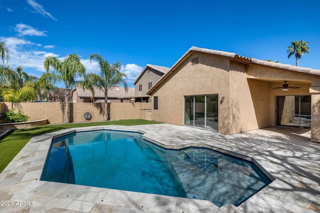 9631 E Palm Ridge Dr, Scottsdale, AZ 85260 - view of swimming pool featuring ceiling fan, a patio, and a fenced backyard