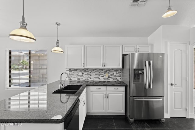 9631 E Palm Ridge Dr, Scottsdale, AZ 85260 - kitchen with stainless steel fridge with ice dispenser, a sink, a peninsula, white cabinetry, and dishwasher