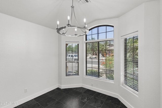 9631 E Palm Ridge Dr, Scottsdale, AZ 85260 - unfurnished dining area with a chandelier, vaulted ceiling, baseboards, and dark tile patterned floors