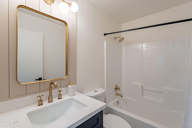 full bathroom featuring toilet, bathing tub / shower combination, tasteful backsplash, and vanity