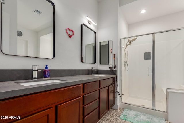 11015 E Texas Ave, Mesa, AZ 85212 - bathroom featuring a shower stall, double vanity, and recessed lighting