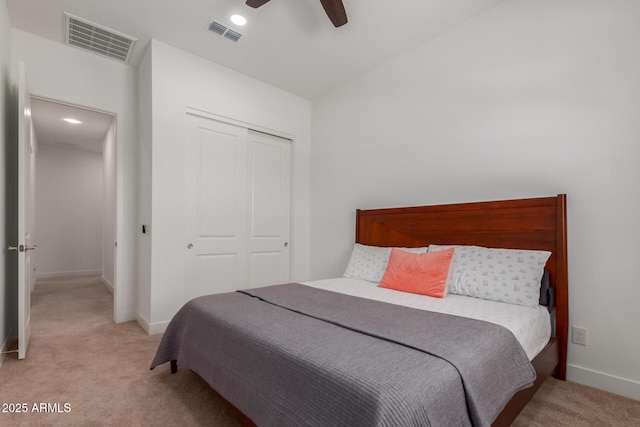 11015 E Texas Ave, Mesa, AZ 85212 - bedroom featuring light carpet, a closet, recessed lighting, and ceiling fan