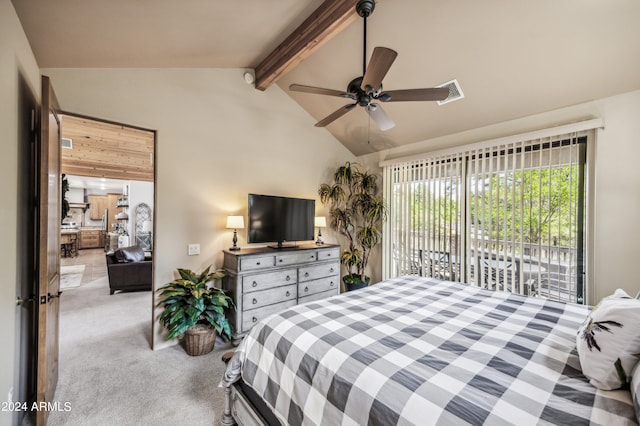 carpeted bedroom featuring beamed ceiling, access to exterior, high vaulted ceiling, and ceiling fan