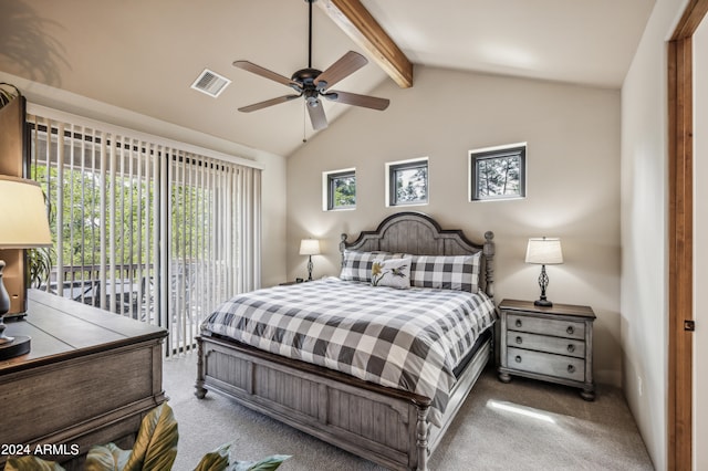 carpeted bedroom featuring lofted ceiling with beams, multiple windows, access to exterior, and ceiling fan