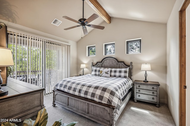 carpeted bedroom with lofted ceiling with beams, a ceiling fan, visible vents, and access to exterior