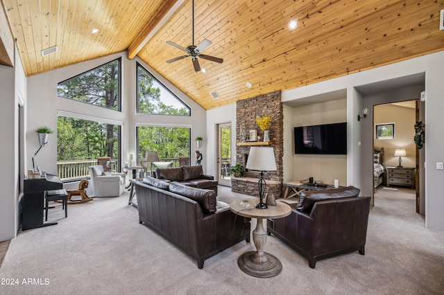 living room featuring beamed ceiling, light colored carpet, and high vaulted ceiling