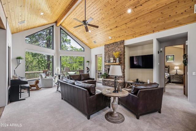 living area featuring wooden ceiling, high vaulted ceiling, and light colored carpet