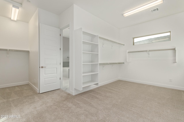 walk in closet featuring light colored carpet