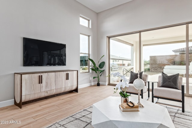 living room featuring a towering ceiling and light wood-type flooring