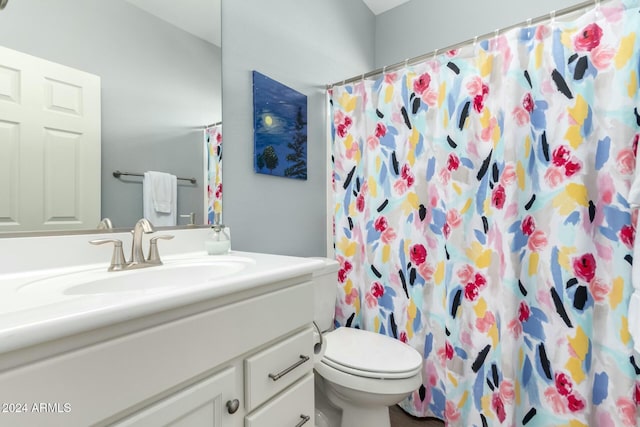 bathroom featuring vanity, toilet, and a shower with shower curtain