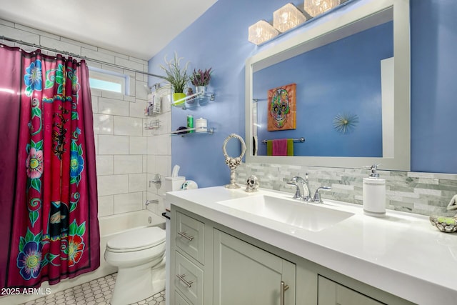 full bathroom featuring decorative backsplash, vanity, toilet, and shower / bathtub combination with curtain