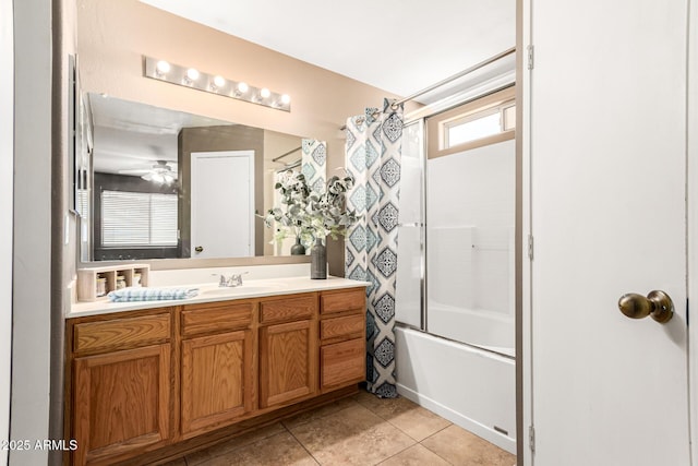 3006 W Matthew Dr, Phoenix, AZ 85027 - bathroom with vanity, shower / tub combo with curtain, tile patterned floors, and a ceiling fan