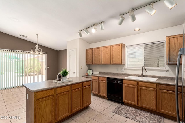 3006 W Matthew Dr, Phoenix, AZ 85027 - kitchen featuring black dishwasher, a sink, light tile patterned flooring, lofted ceiling, and a chandelier
