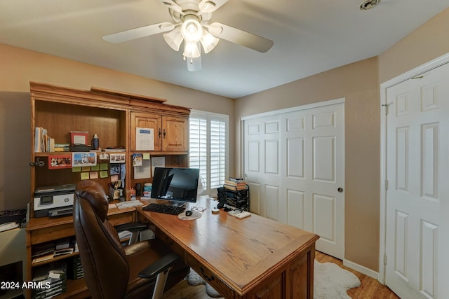 office space with ceiling fan and light hardwood / wood-style floors