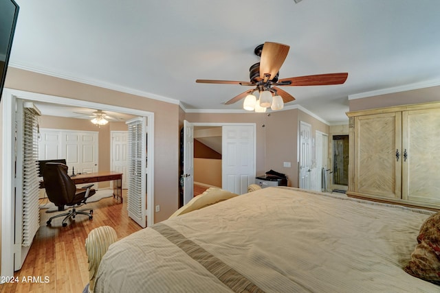 bedroom featuring ceiling fan, ornamental molding, and light hardwood / wood-style flooring