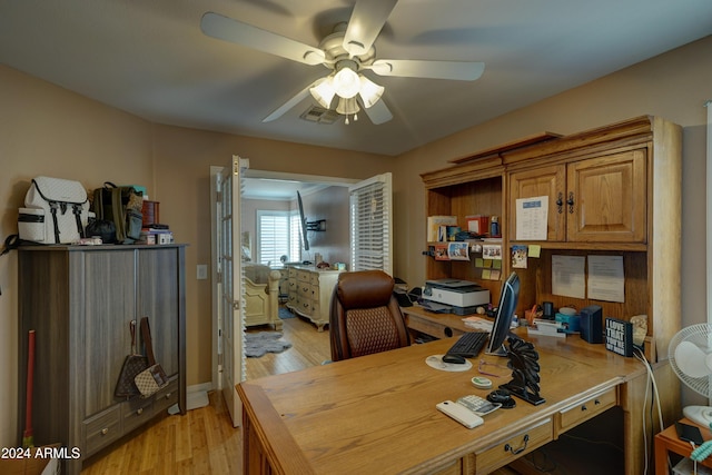 office area featuring light hardwood / wood-style floors and ceiling fan