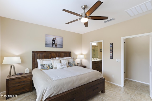 bedroom featuring visible vents, baseboards, ensuite bath, and a ceiling fan