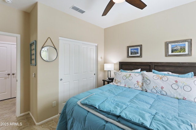 bedroom with a closet, visible vents, ceiling fan, and baseboards