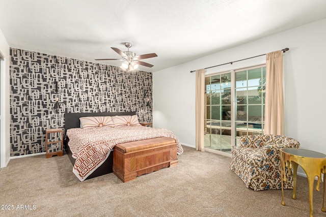 bedroom featuring access to outside, carpet floors, a ceiling fan, and baseboards