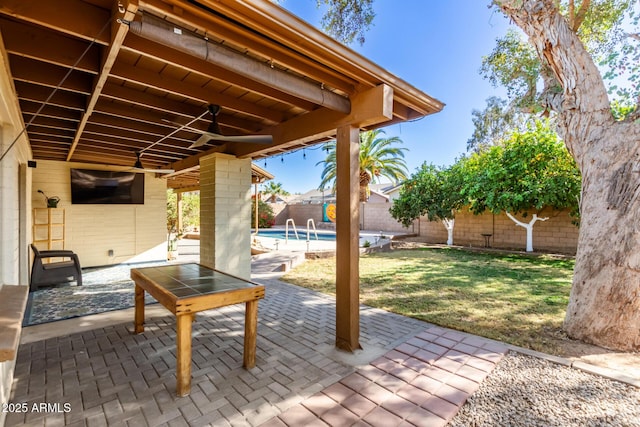 view of patio / terrace featuring a fenced backyard and a fenced in pool