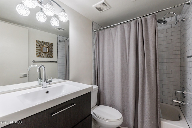 full bathroom featuring vanity, shower / bath combination with curtain, and toilet