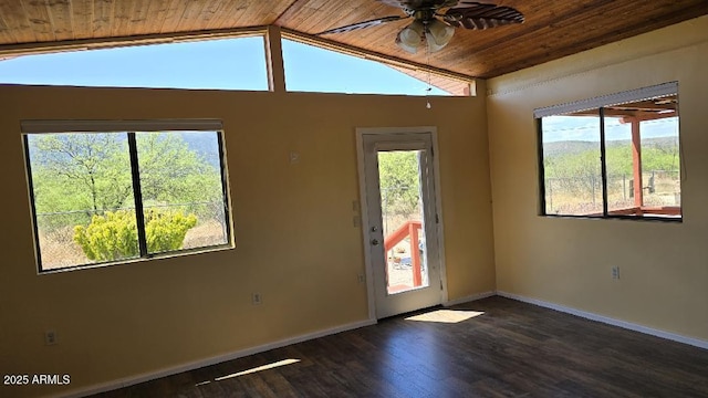 unfurnished room with dark hardwood / wood-style flooring, ceiling fan, lofted ceiling, and wood ceiling