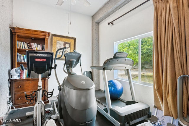 exercise room featuring ceiling fan and a wealth of natural light