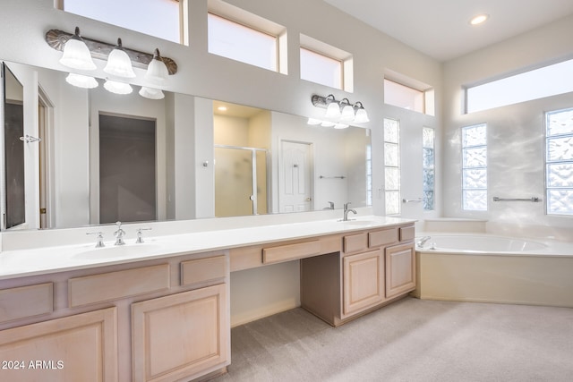 bathroom featuring vanity and independent shower and bath