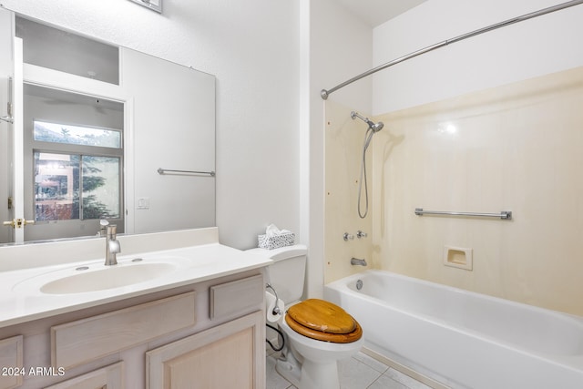 full bathroom with tile patterned flooring, vanity, toilet, and  shower combination