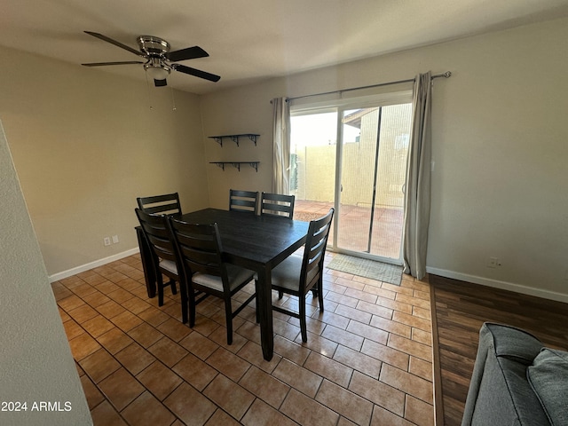 dining area featuring ceiling fan and dark wood-type flooring