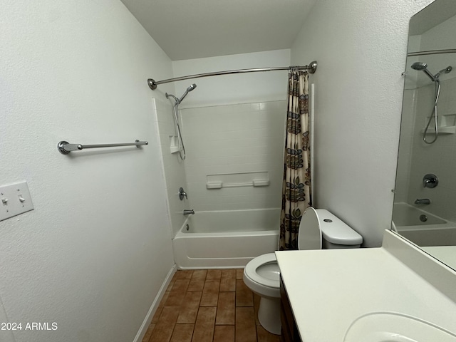 full bathroom featuring vanity, hardwood / wood-style flooring, toilet, and shower / tub combo with curtain