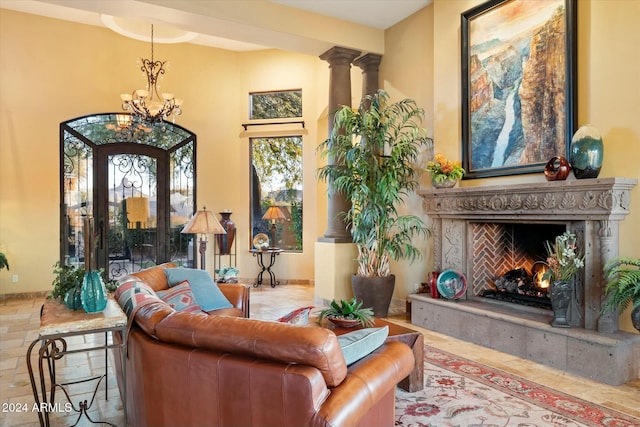 sitting room featuring a notable chandelier and a premium fireplace