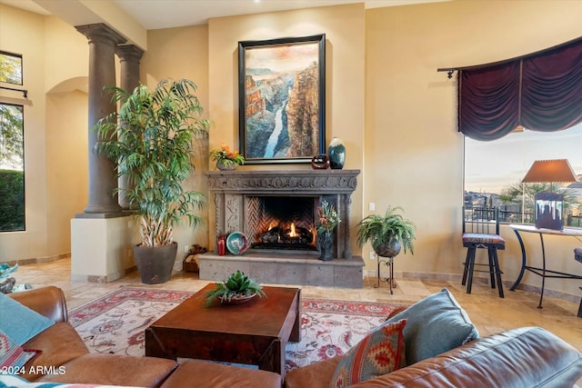 living room featuring a fireplace