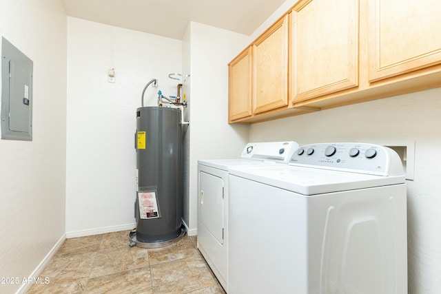 laundry area featuring cabinets, electric water heater, electric panel, and washing machine and clothes dryer