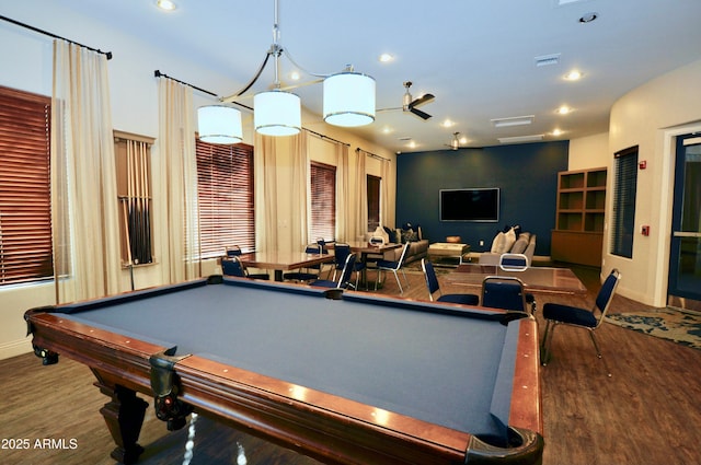 game room featuring ceiling fan, wood-type flooring, and pool table