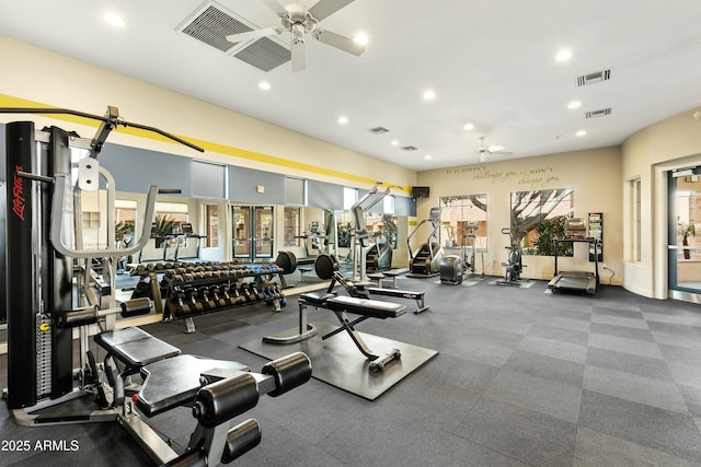 exercise room featuring ceiling fan