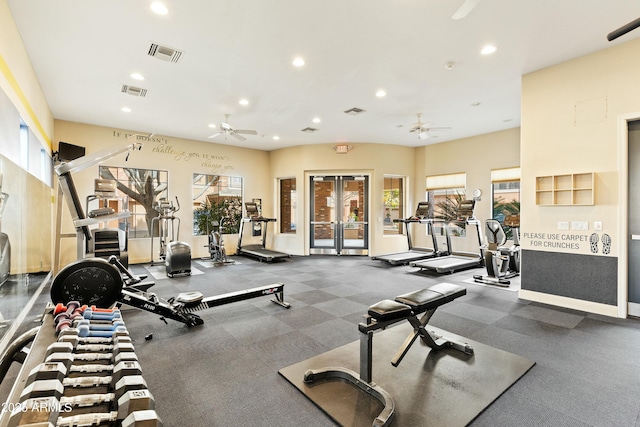 workout area with ceiling fan