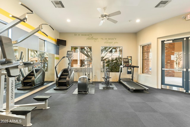 workout area featuring ceiling fan