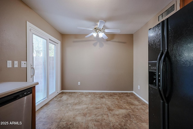 kitchen featuring light tile patterned floors, black fridge with ice dispenser, dishwasher, and ceiling fan