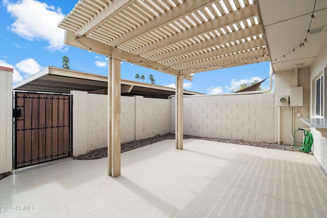 view of patio / terrace with visible vents, a gate, fence private yard, and a pergola