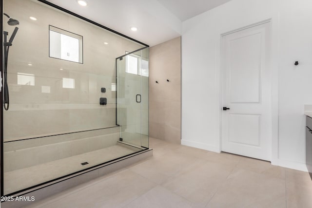 full bath with tile patterned flooring, a shower stall, vanity, and recessed lighting