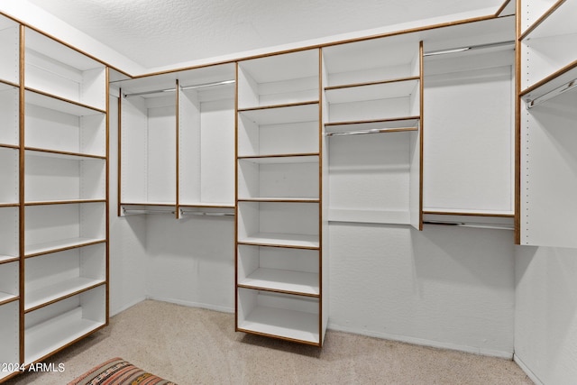 walk in closet featuring light colored carpet