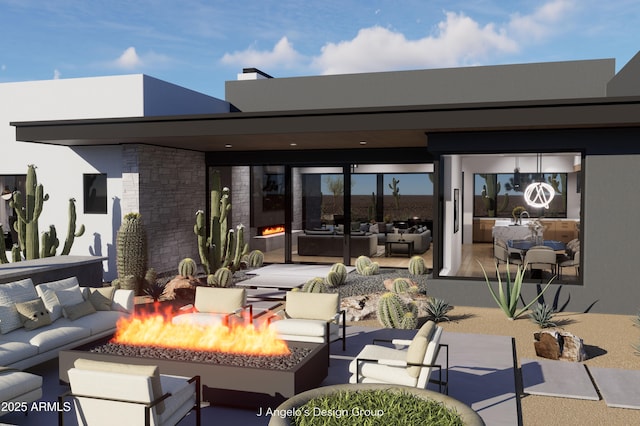 exterior space with an outdoor living space with a fire pit