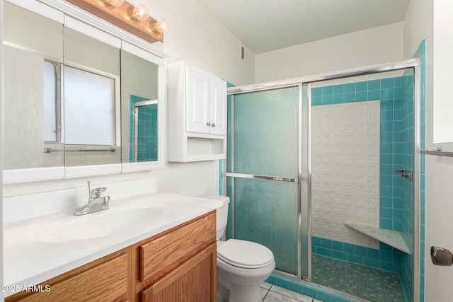 bathroom with a shower stall, vanity, tile patterned flooring, visible vents, and toilet