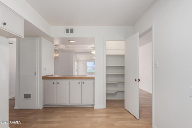 bathroom with vanity, wood finished floors, ceiling fan, and visible vents
