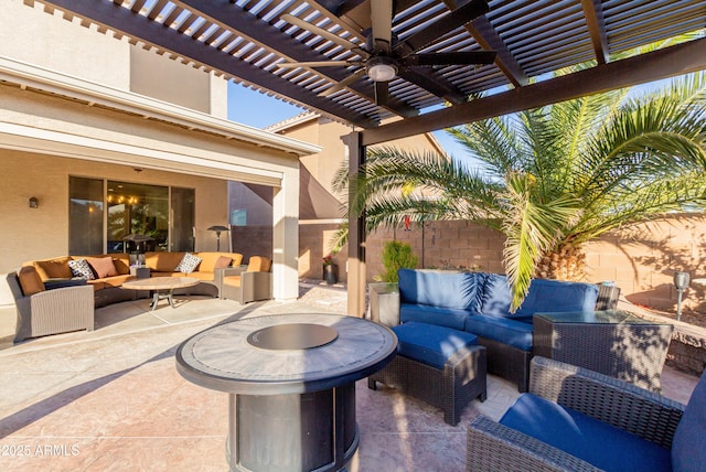 view of patio with an outdoor living space, a pergola, and ceiling fan