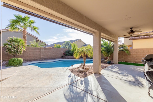 view of pool with a patio and ceiling fan