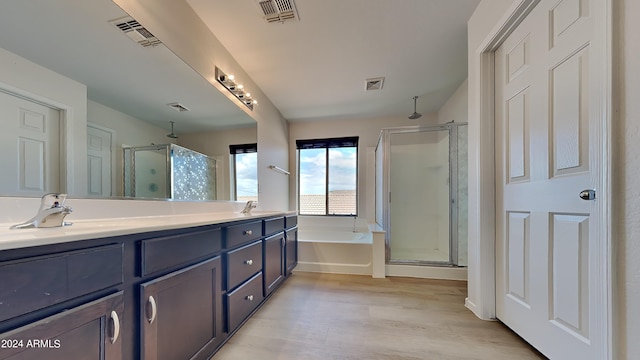 bathroom with separate shower and tub and vanity