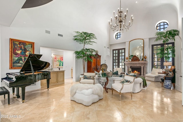 living room with a high ceiling