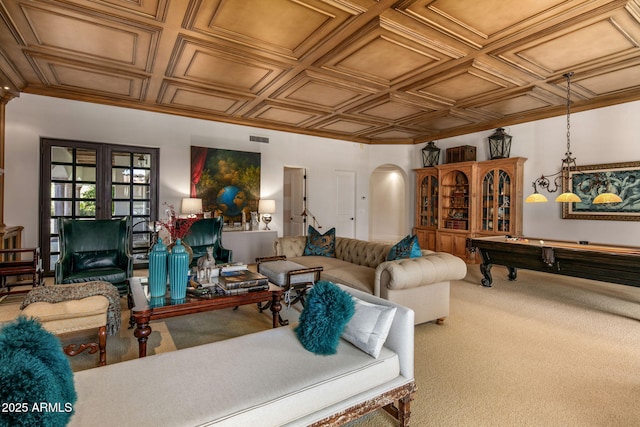 living room with french doors, pool table, and carpet floors